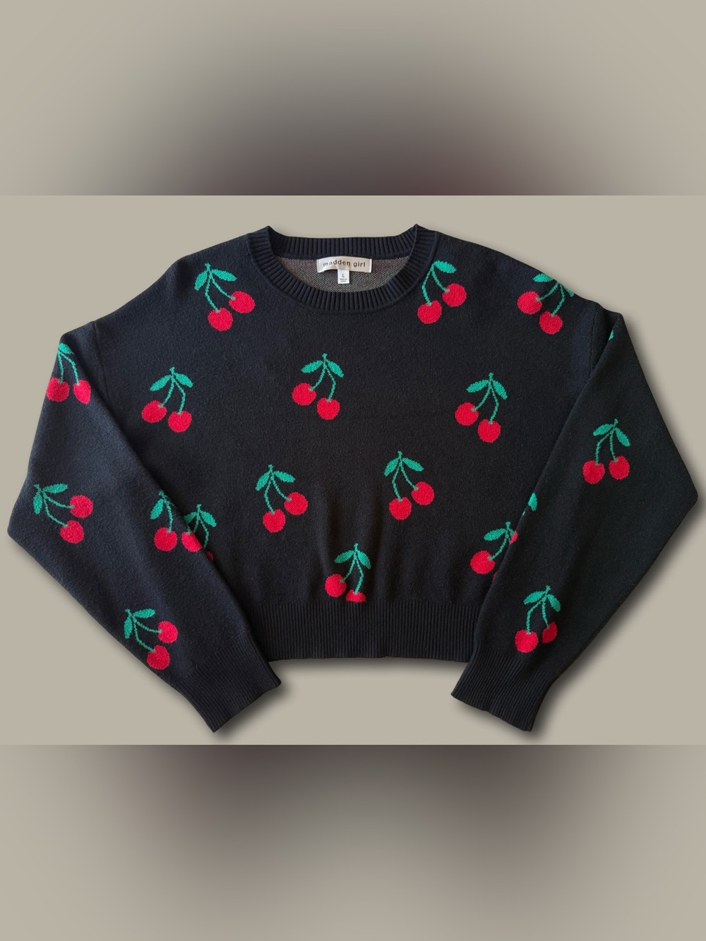 Madden Girl Black Cherry Knit Cropped Crewneck Sweater Large